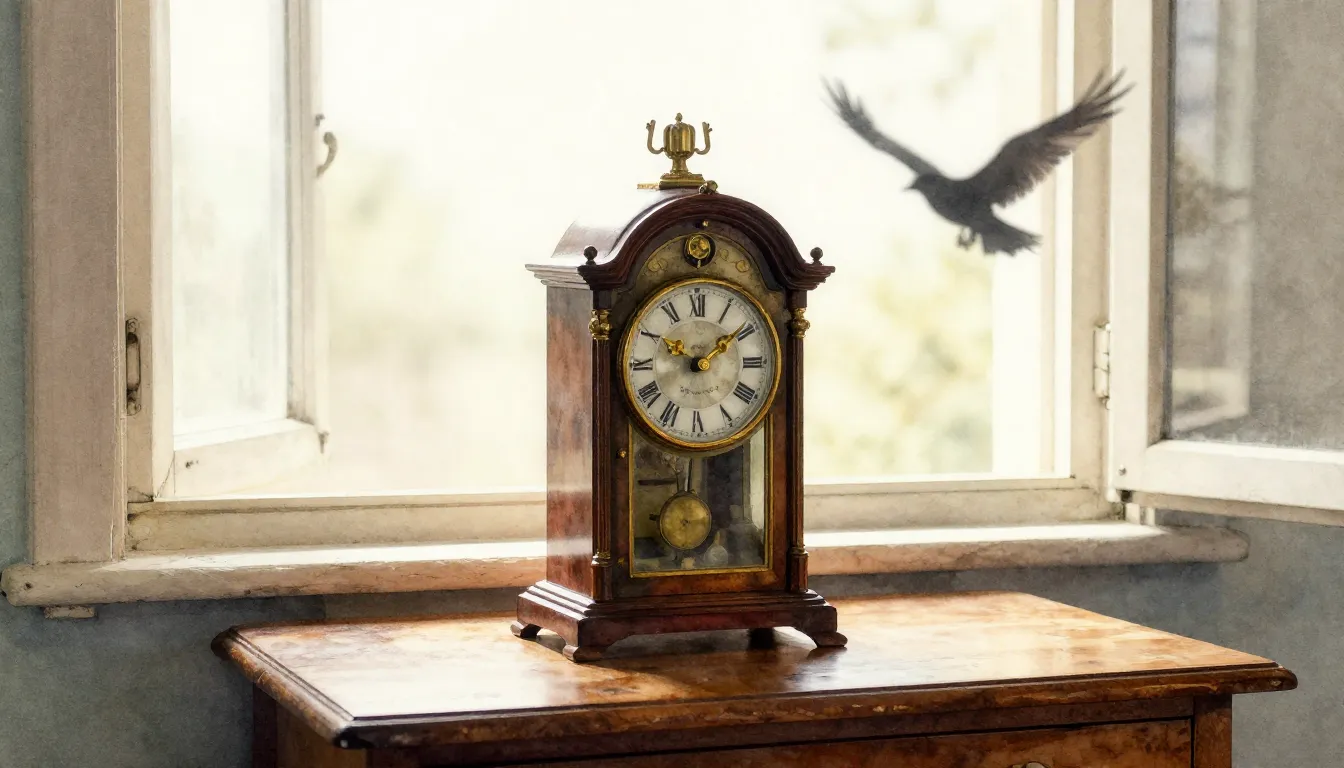 Watercolor style. An old dusty clock with golden hands stand...