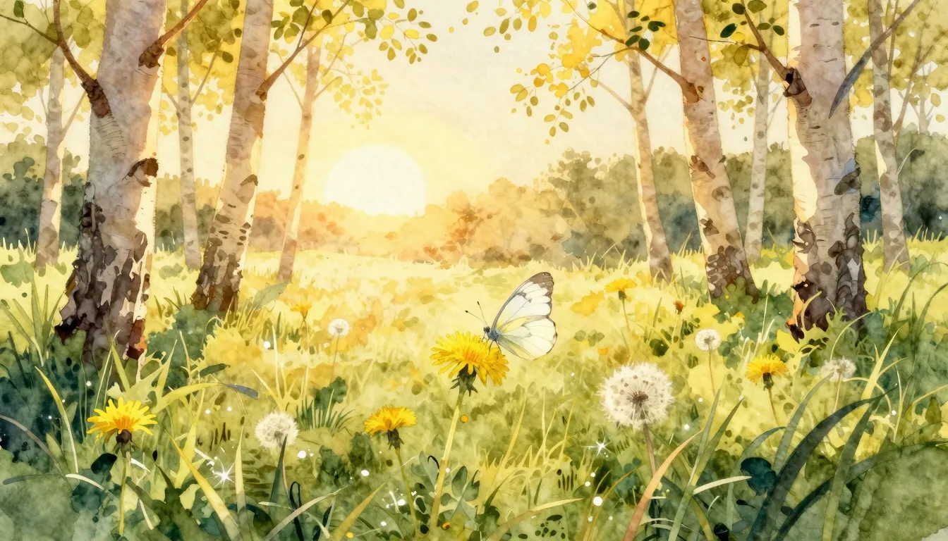 Vibrant watercolor style. A warm, glowing sunrise over a pea...