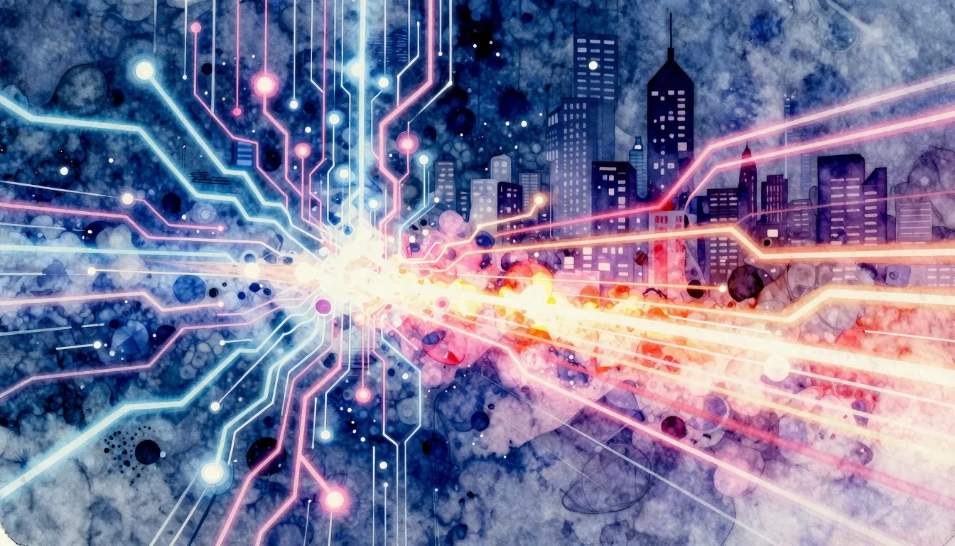 Vibrant watercolor style. Cybernetic energy flow, digital da...