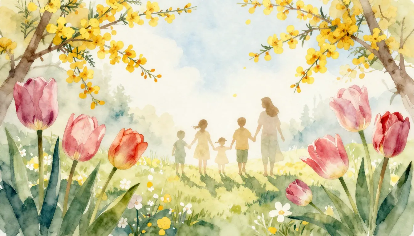 Watercolor style. Bright spring flowers, tulips and mimosas,...