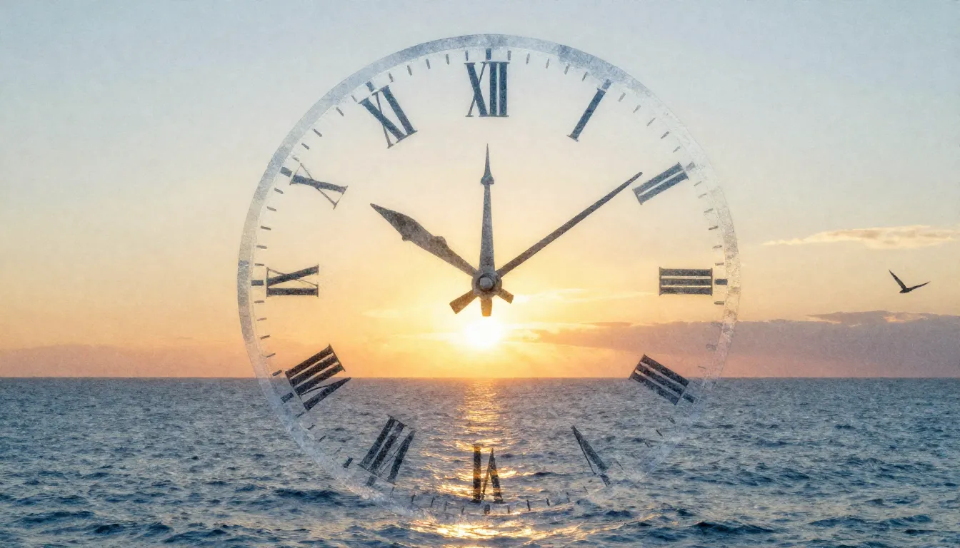 Watercolor style. A frozen clock face melting into a sunset ...