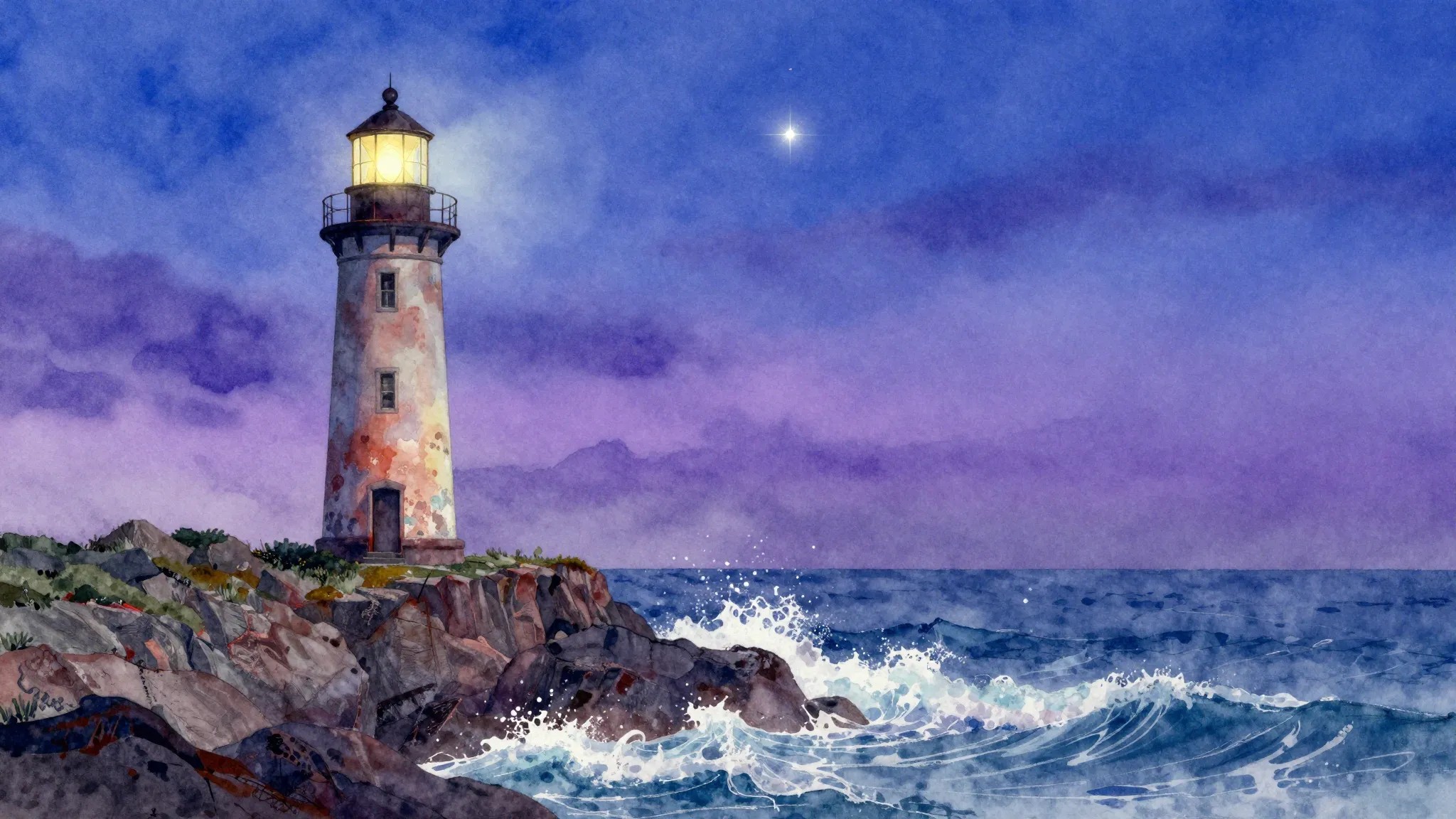 Vibrant watercolor style. A lone, weathered lighthouse stand...