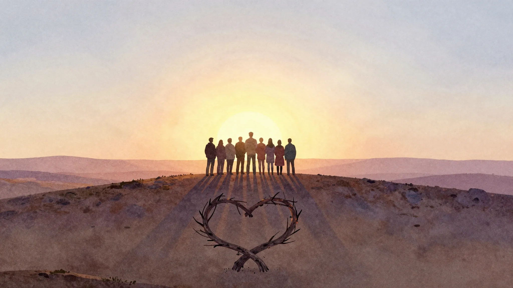 Watercolor style. A silhouette of a group of people standing...