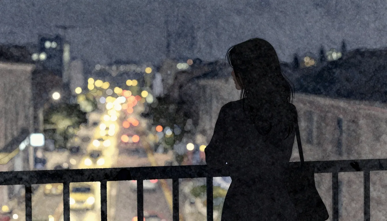 Watercolor style. A dark silhouette of a woman standing on a...
