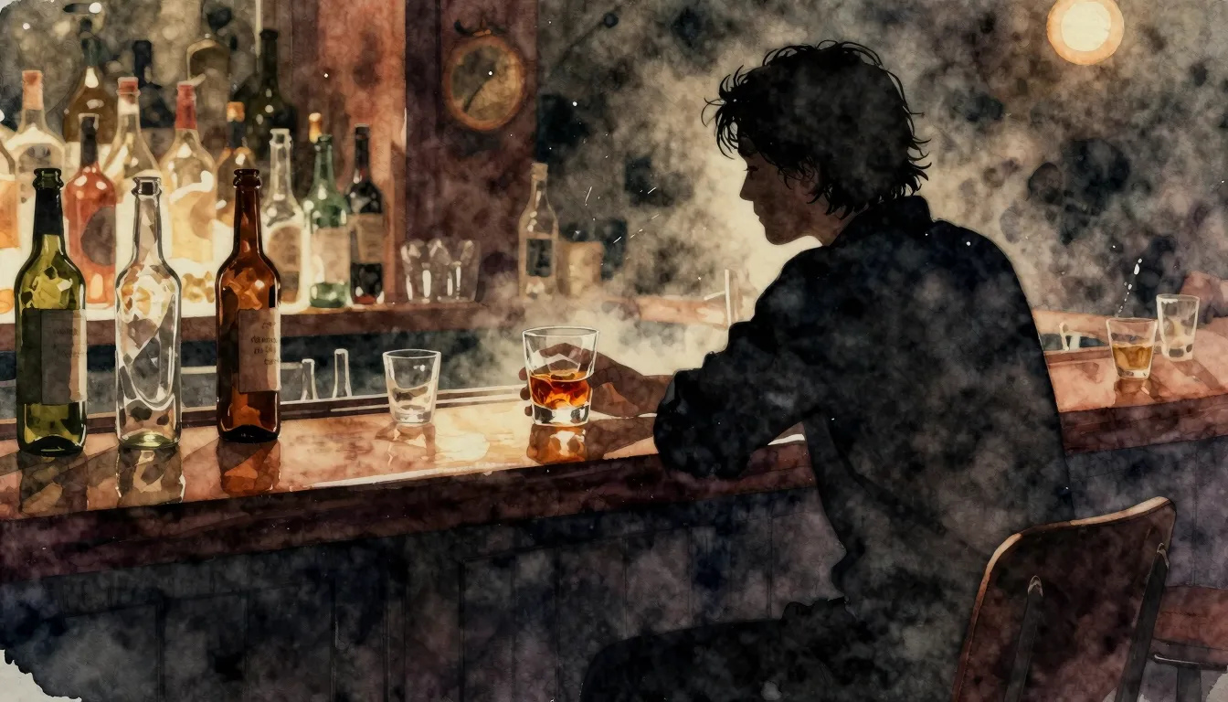 Watercolor style. A silhouette of a person sitting alone at ...