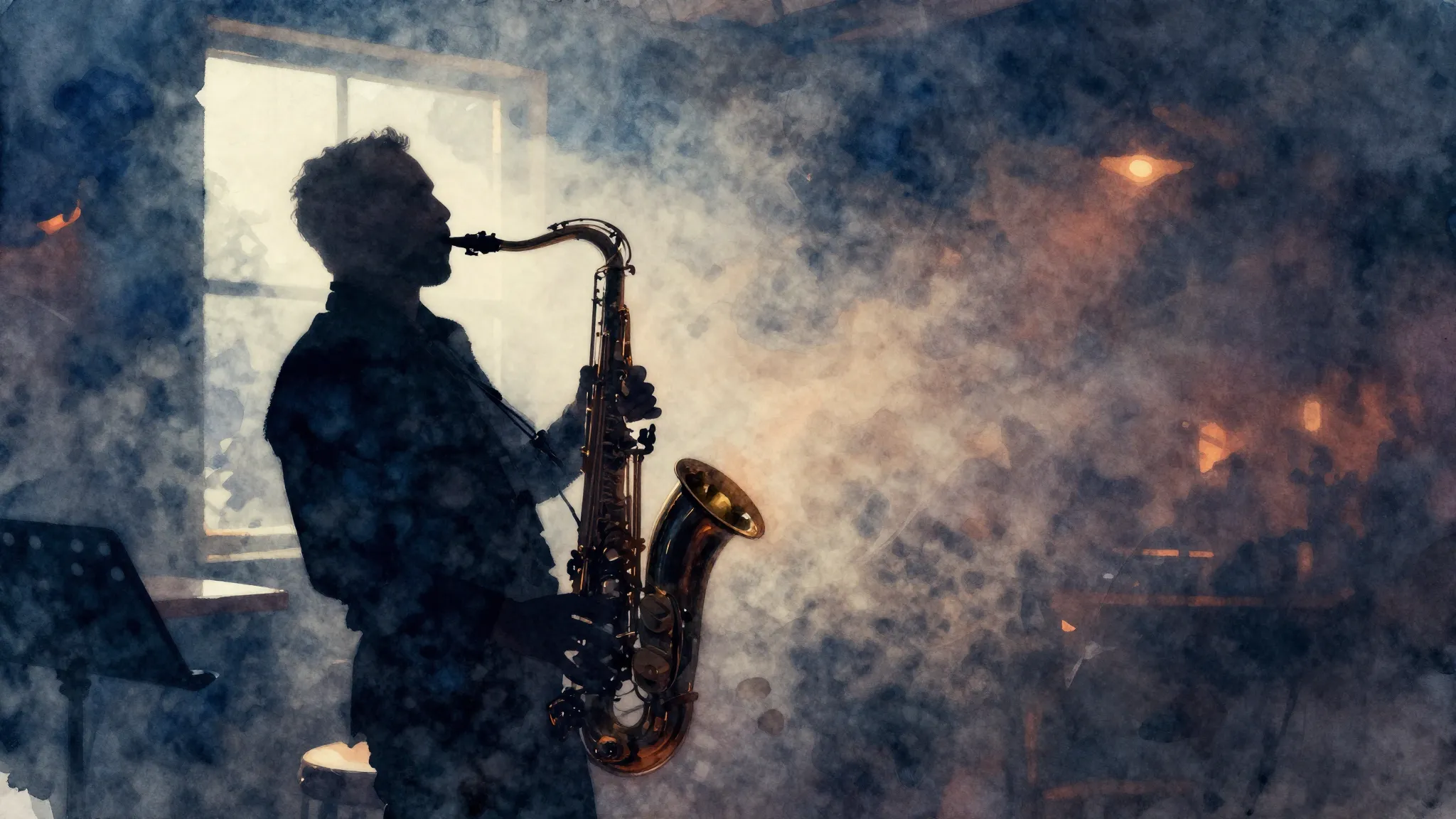 Vibrant watercolor style. Moody jazz album cover, no text, n...