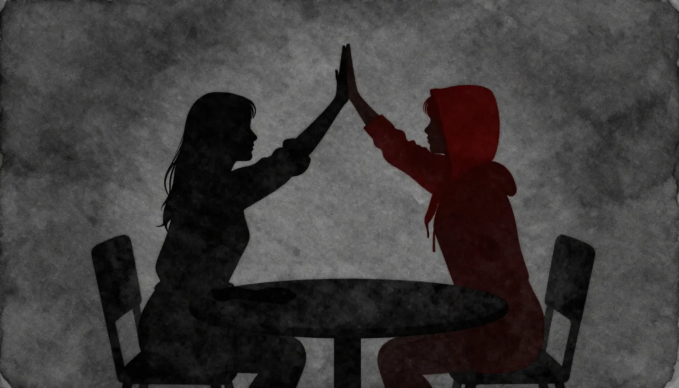 Watercolor style. Silhouette of a girl in a red hood giving ...