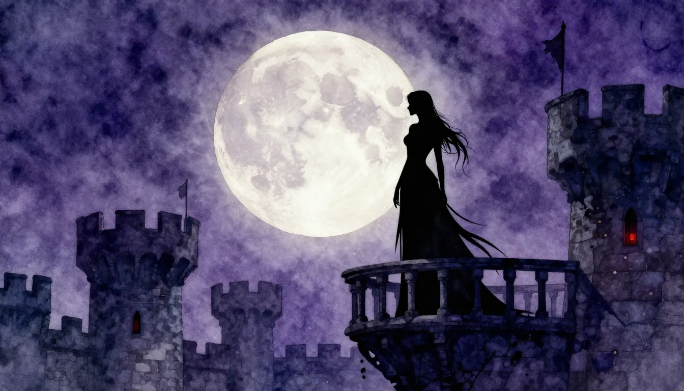 Watercolor style. A silhouette of a gothic female figure sta...