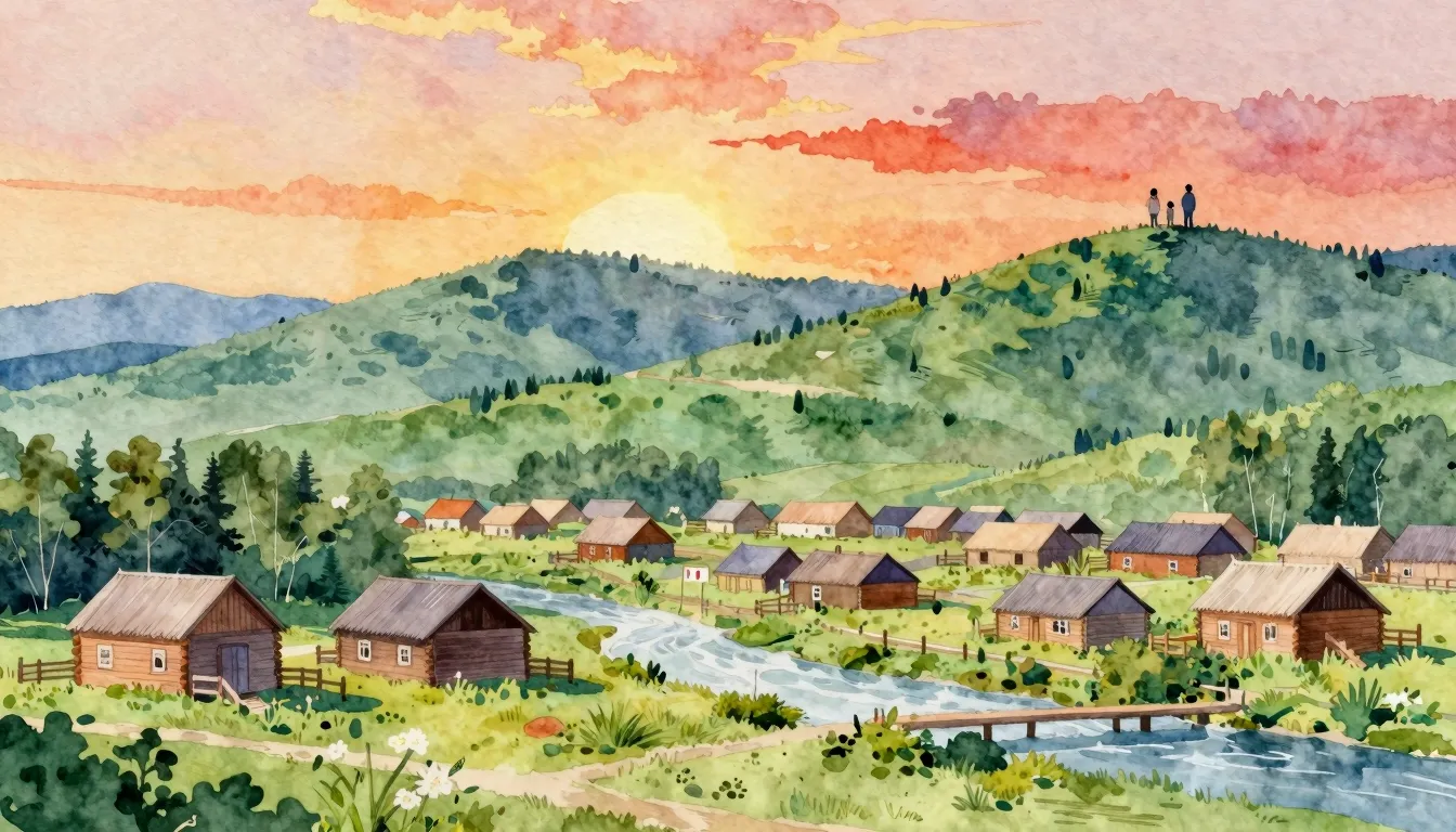 Watercolor style. A cozy village landscape with small wooden...