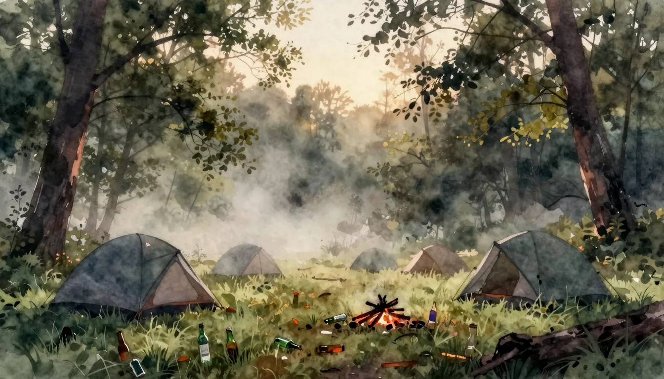 Watercolor style. A serene forest clearing at dawn, silhouet...