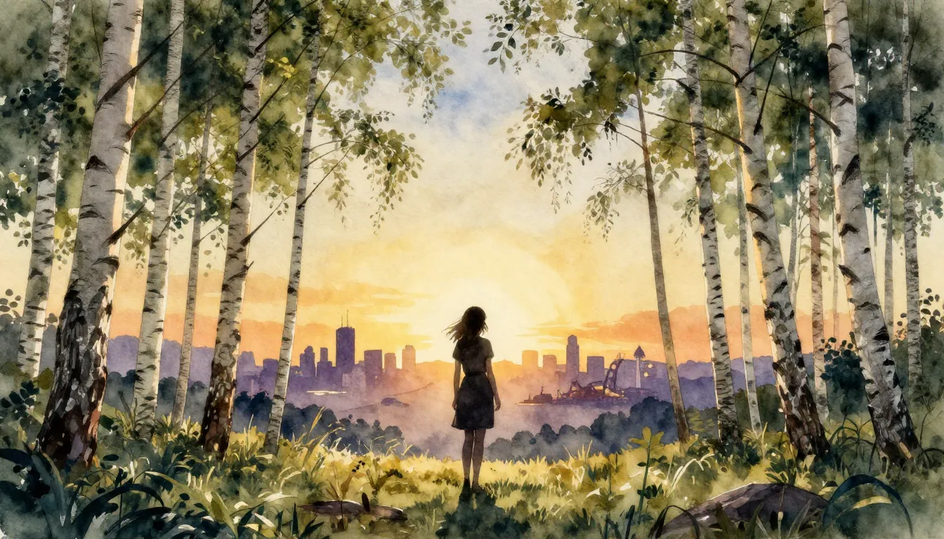 Watercolor style. A silhouette of a woman standing in a lush...