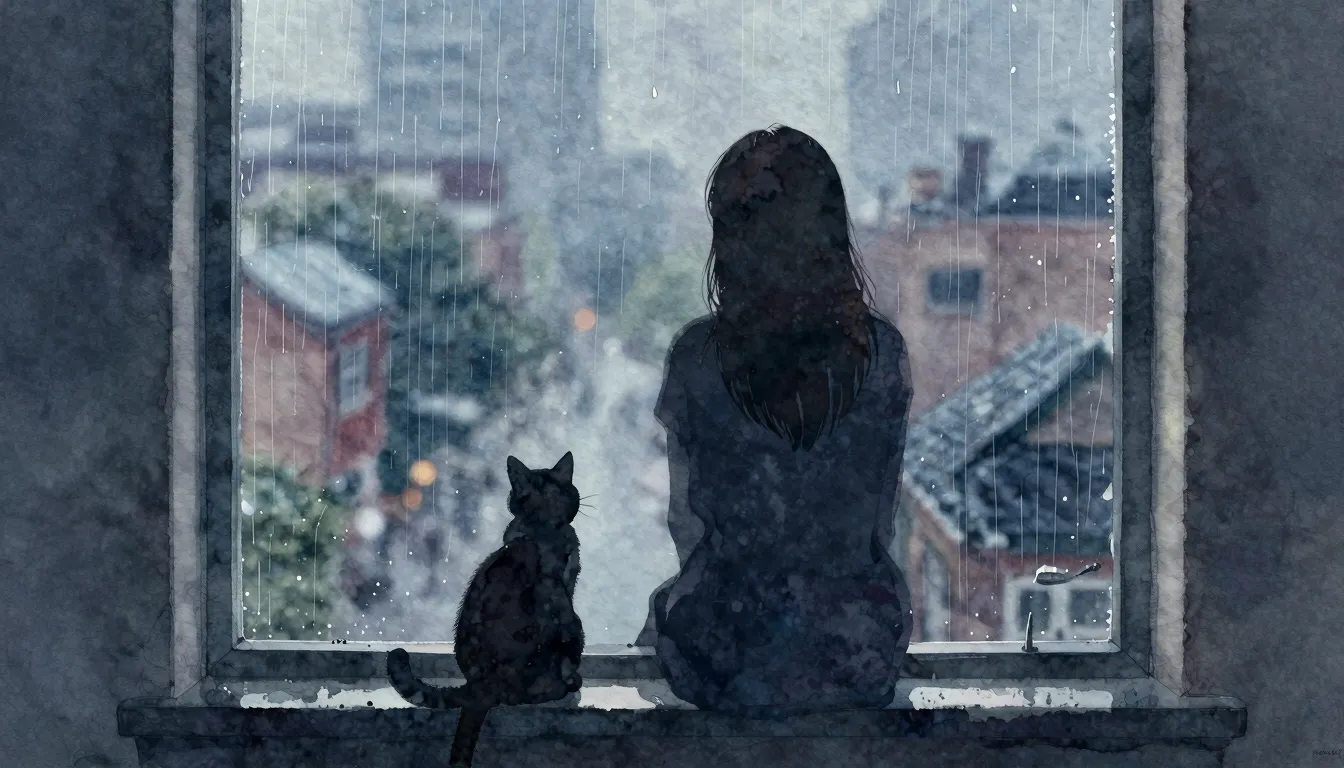 Watercolor style. Silhouette of a woman and a cat sitting on...