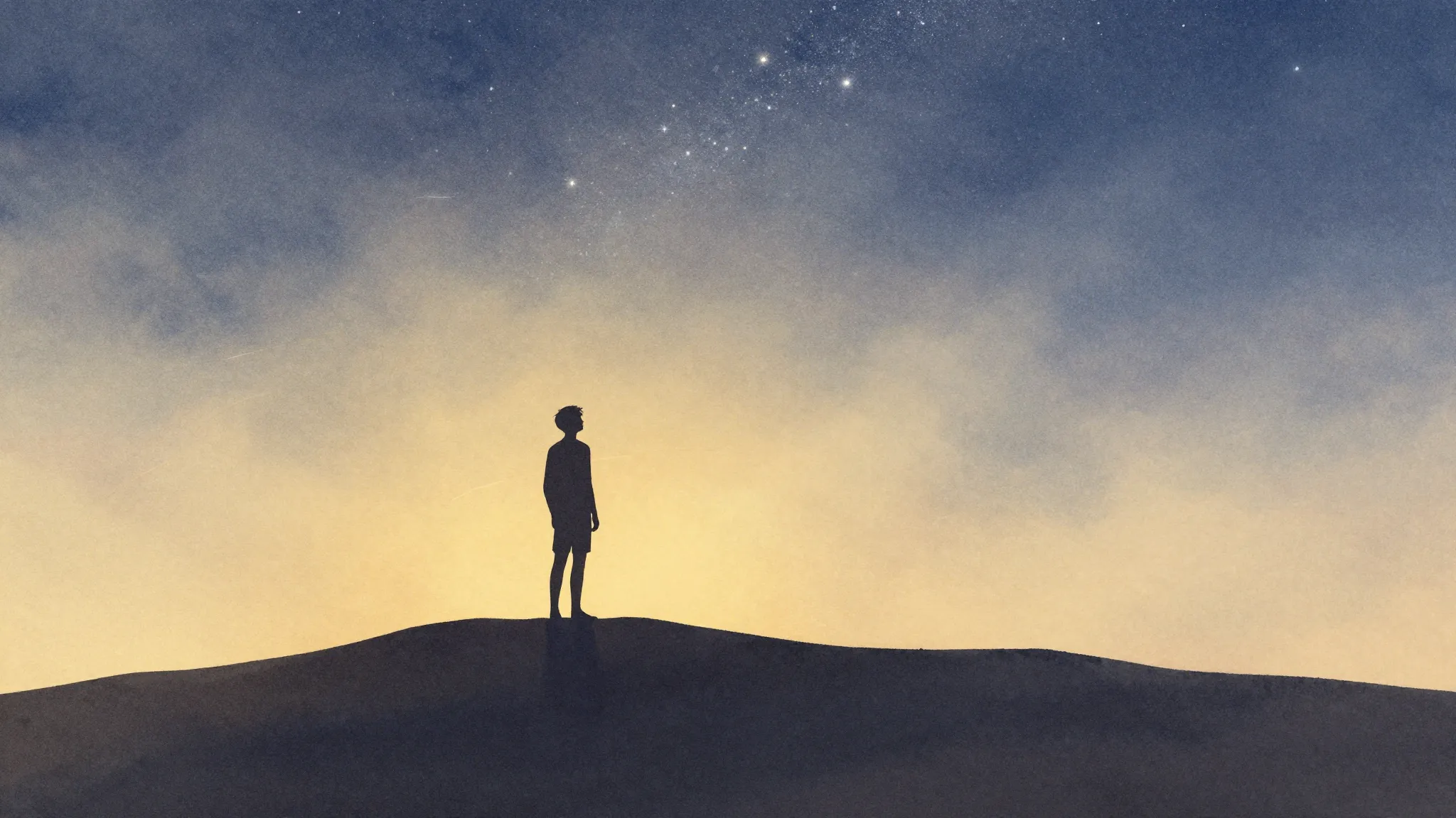 Watercolor style. A silhouette of a person standing on a hil...