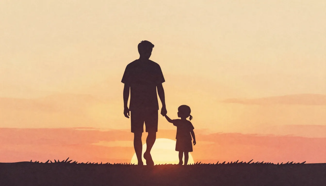 Watercolor style. Minimalist silhouette of a father and chil...