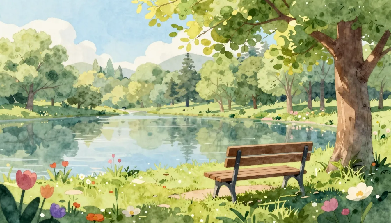 Watercolor style. A peaceful park with a wooden bench near a...