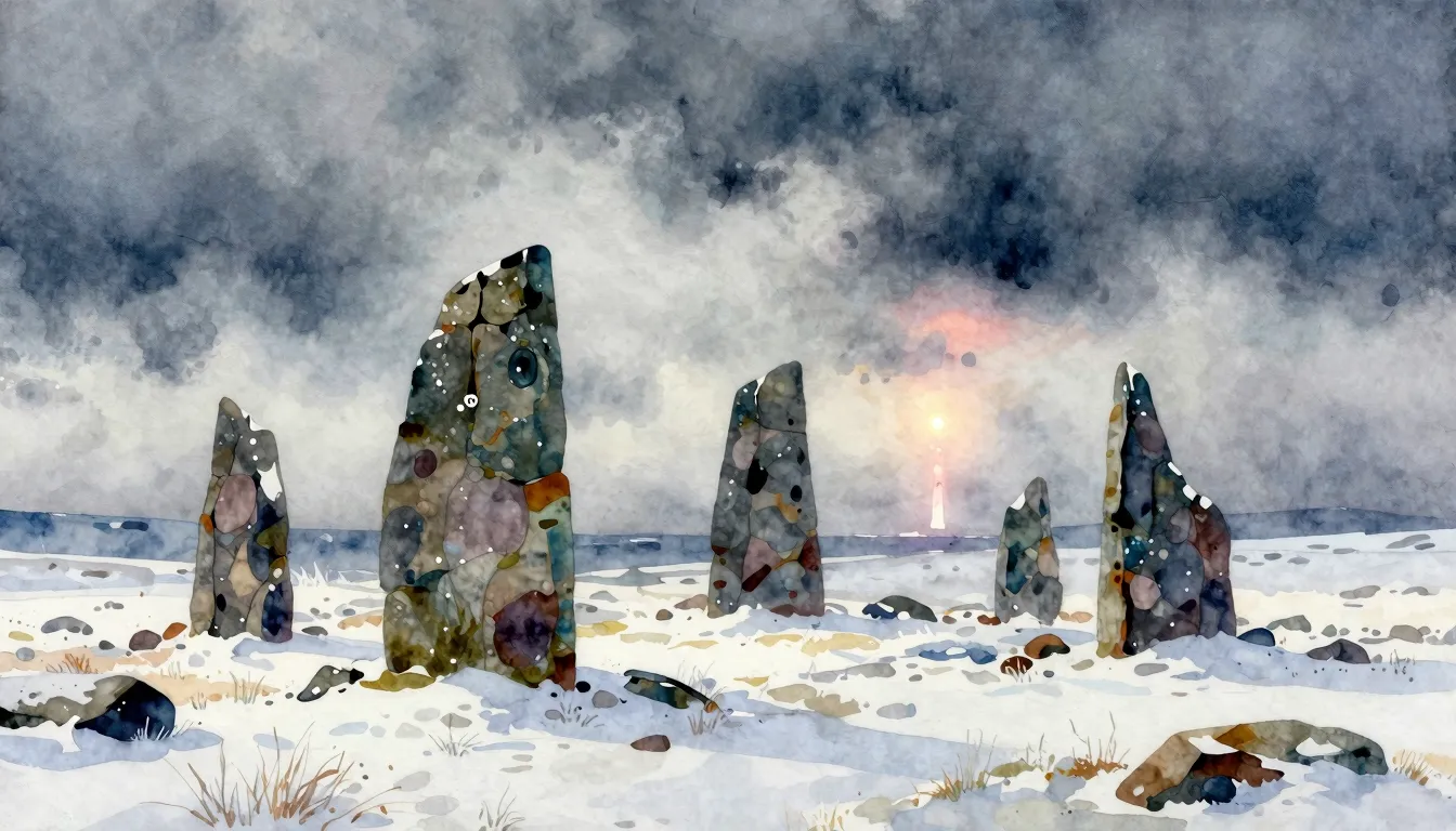 Vibrant watercolor style. Folk album cover: Ancient stone st...