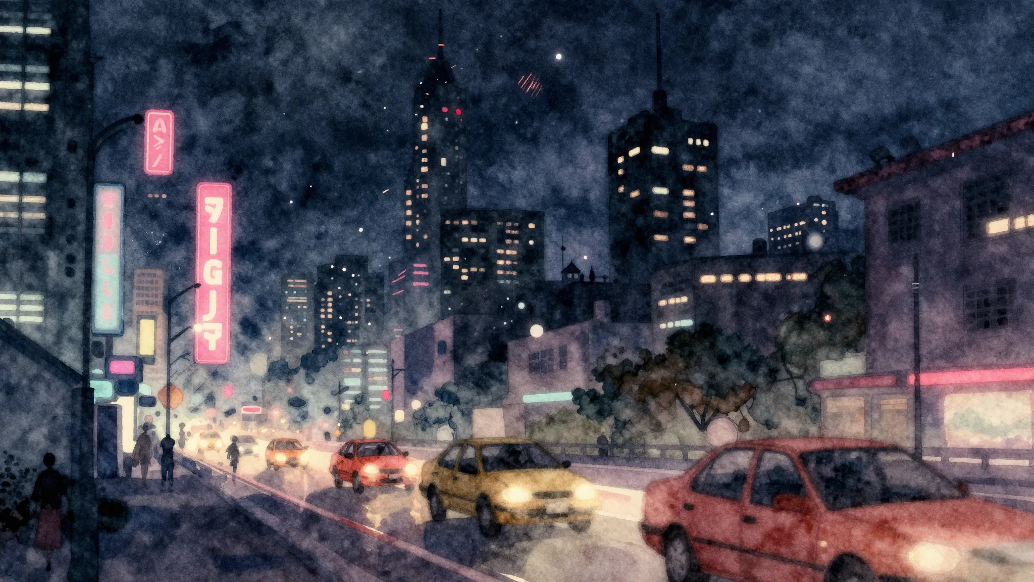 Watercolor style. A futuristic city at night with glowing ne...