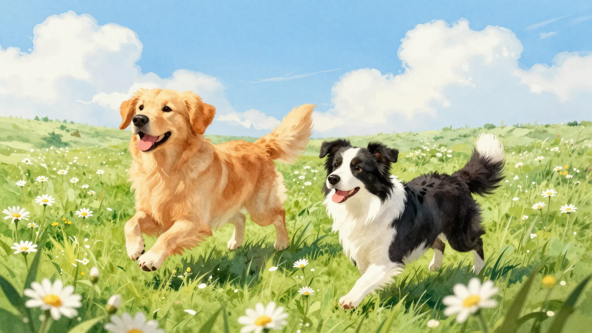 Watercolor style. A happy golden retriever and a border coll...