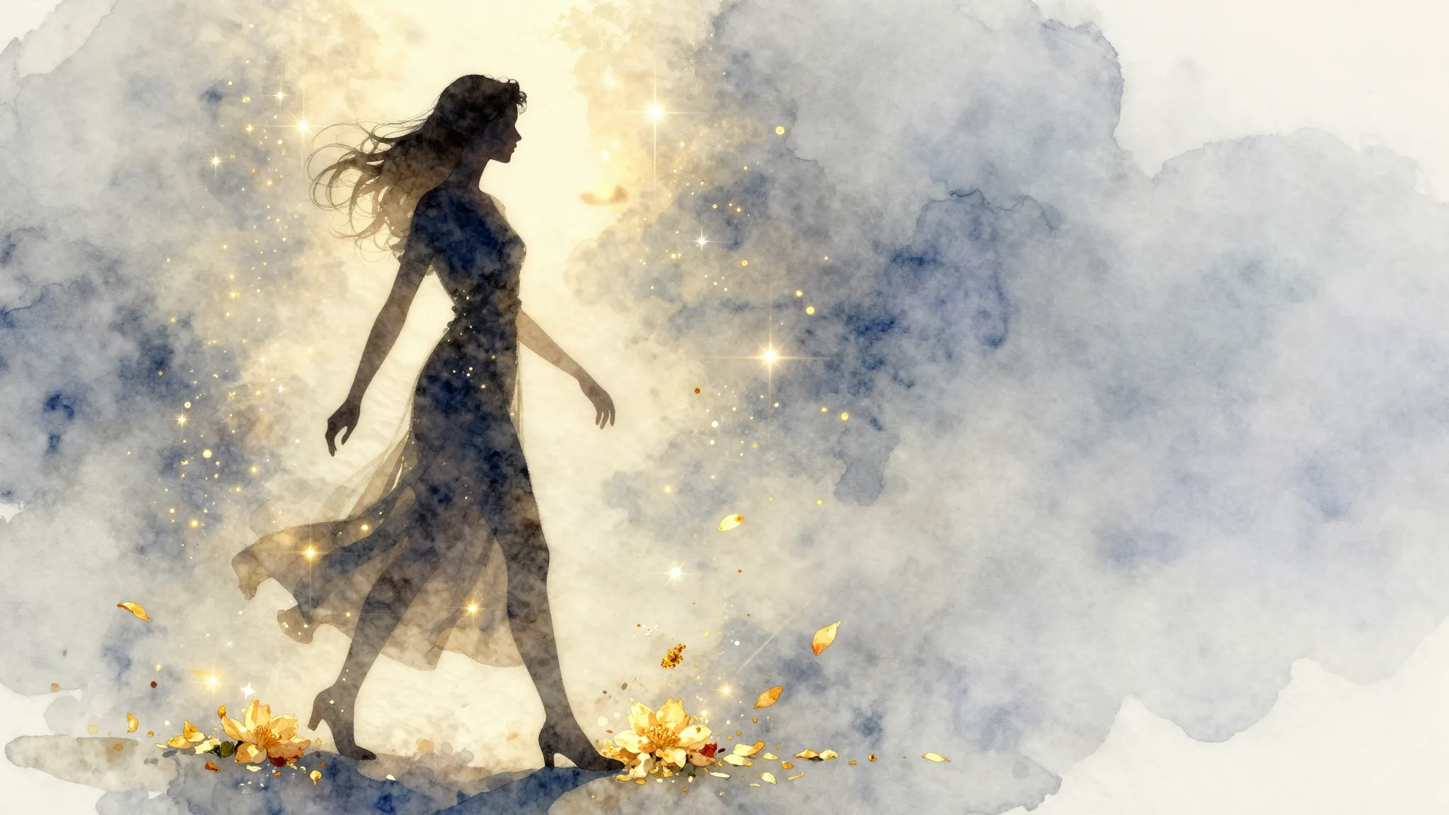 Watercolor style. A silhouette of a graceful woman walking t...