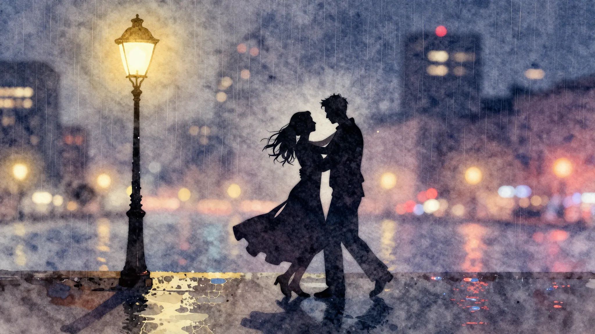 Watercolor style. Silhouette of a couple dancing under a str...