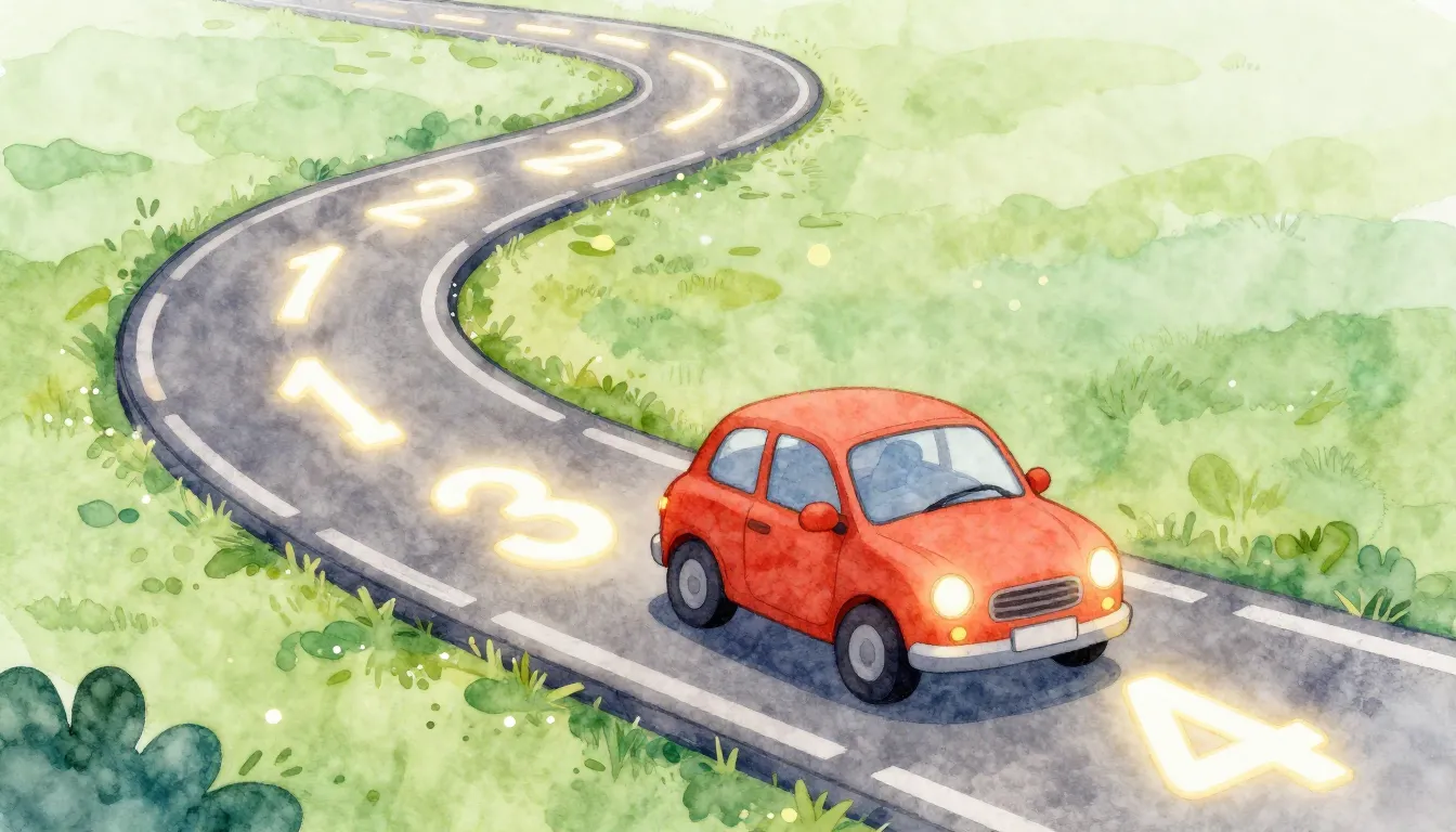 Watercolor style. A friendly, stylized car driving on a wind...