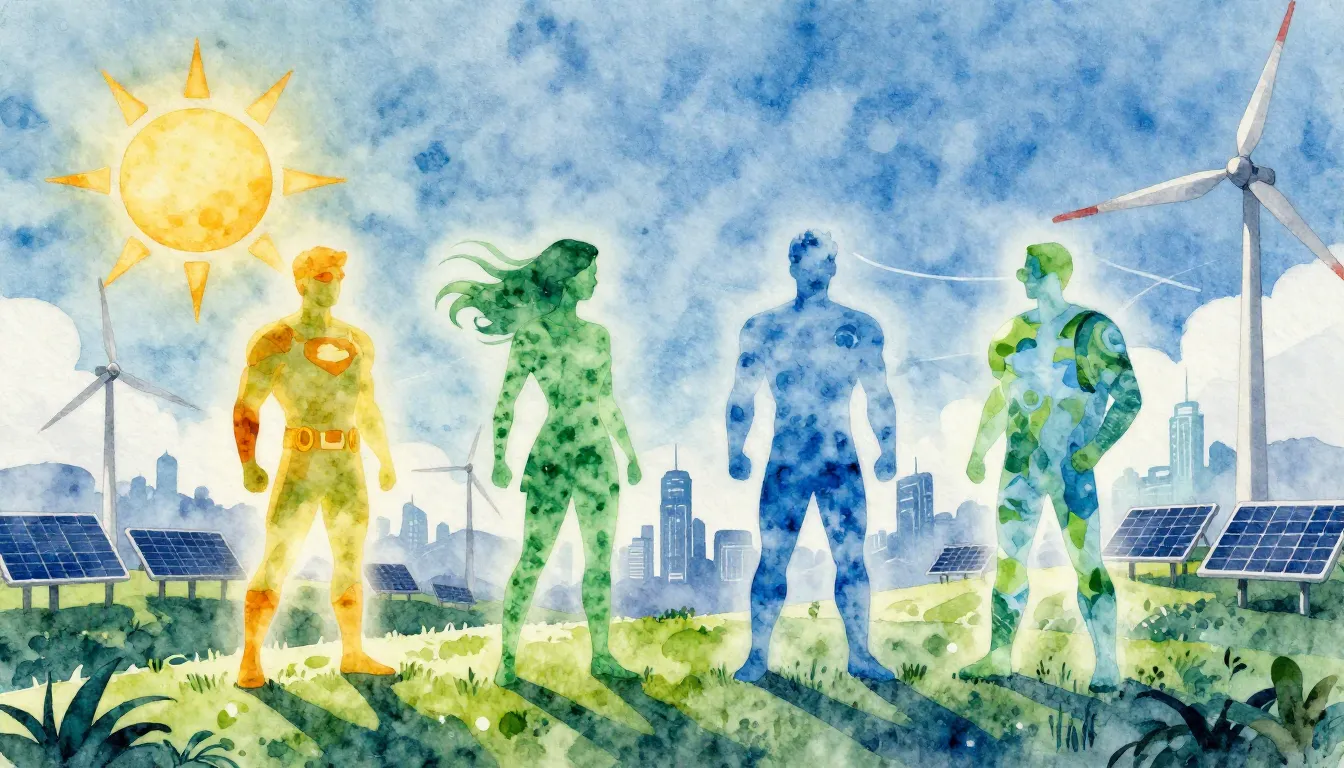 Watercolor style. 4 glowing silhouettes of superheroes repre...