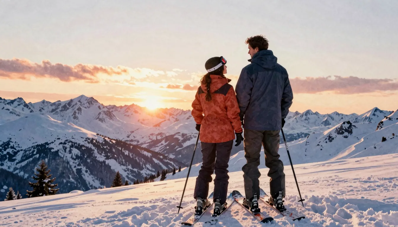 Watercolor style. Silhouettes of a man and a woman in winter...