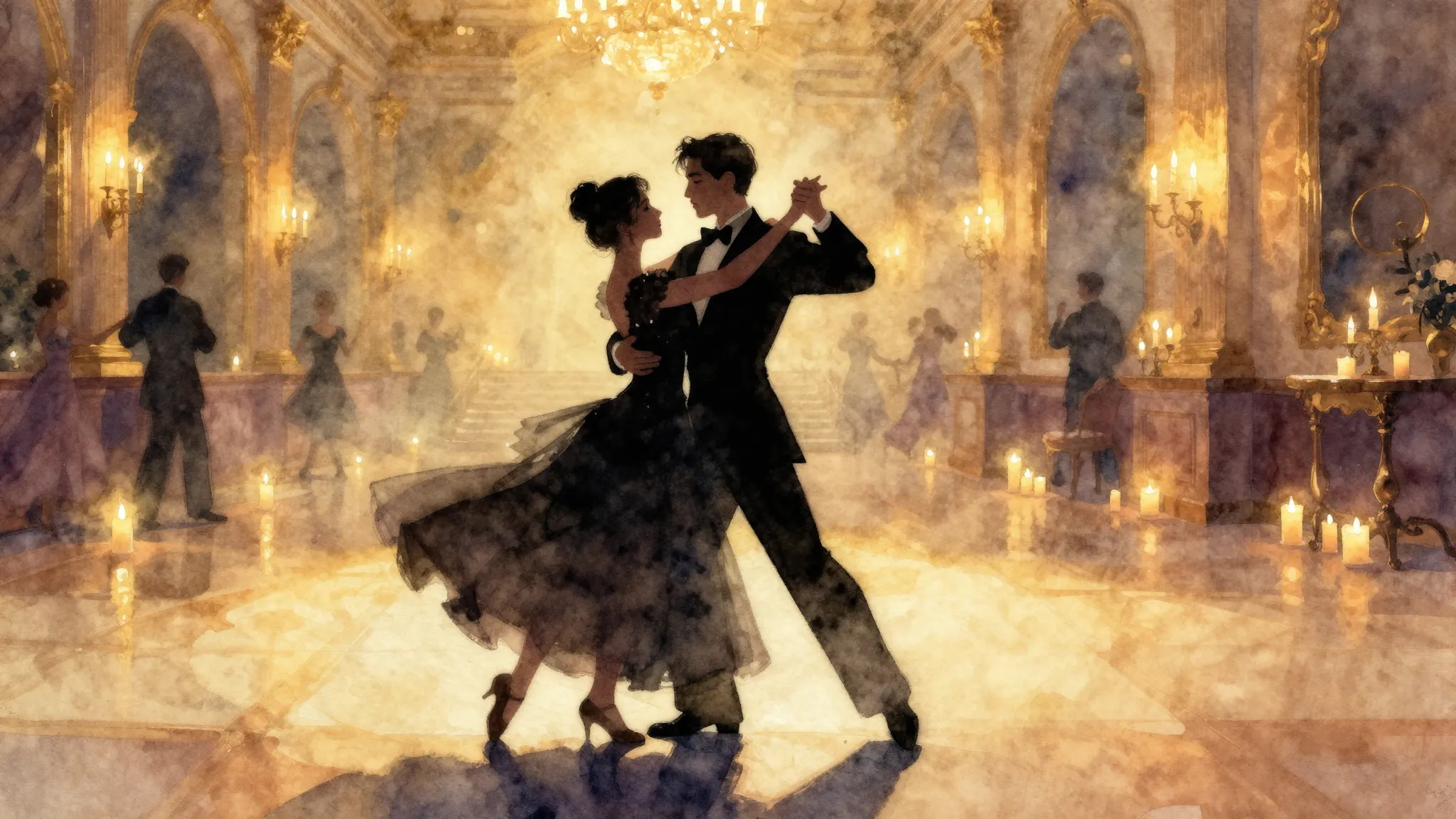 Watercolor style. Silhouettes of a couple dancing a waltz in...