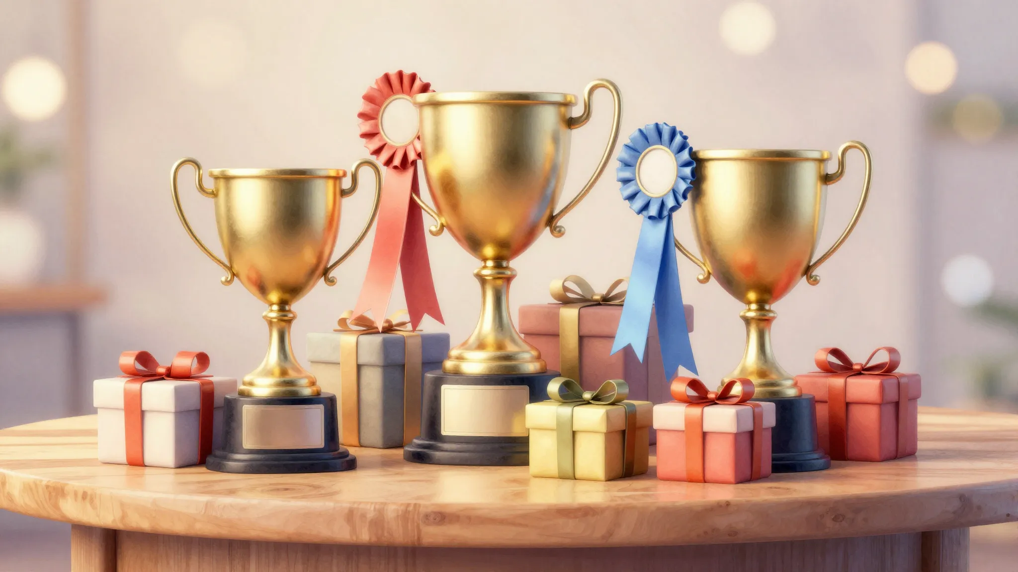 Watercolor style. A festive scene with shiny gold trophies, ...