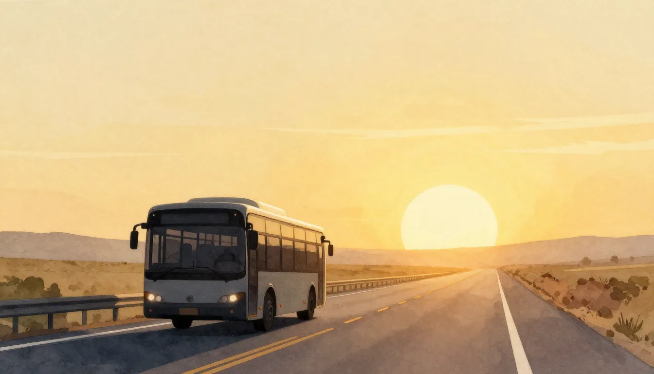Watercolor style. A modern bus silhouette driving on a sceni...
