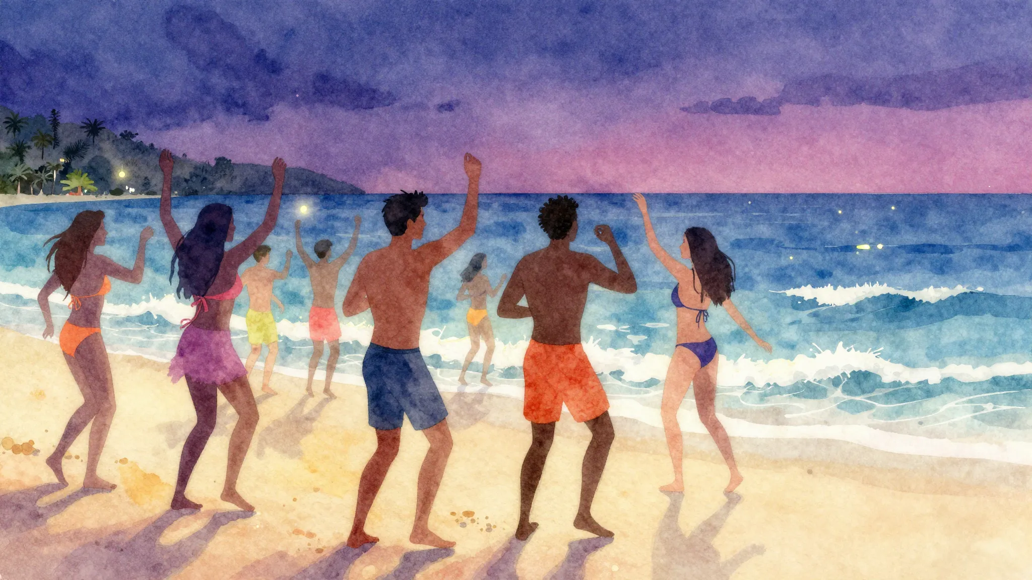 Vibrant watercolor style. Vibrant summer night, beach party,...