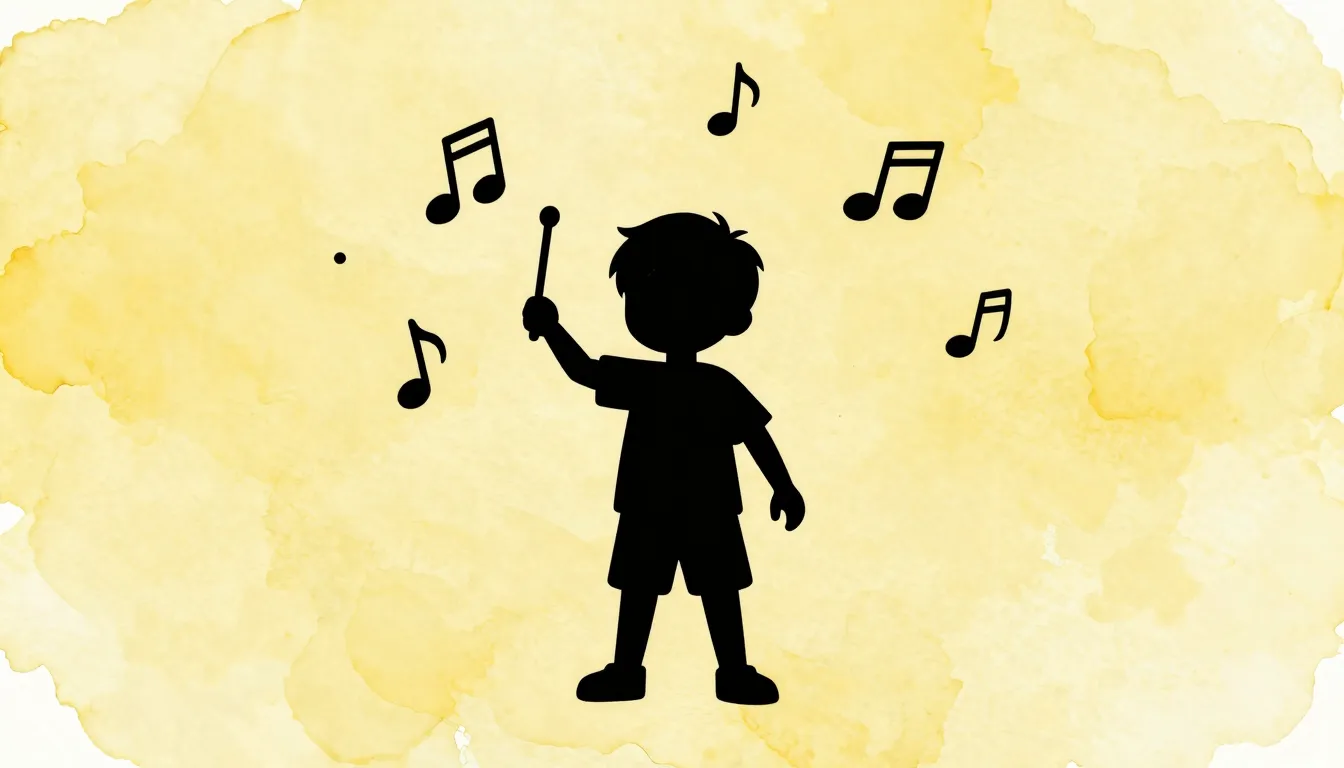 Watercolor style. Silhouette of a small child holding drumst...