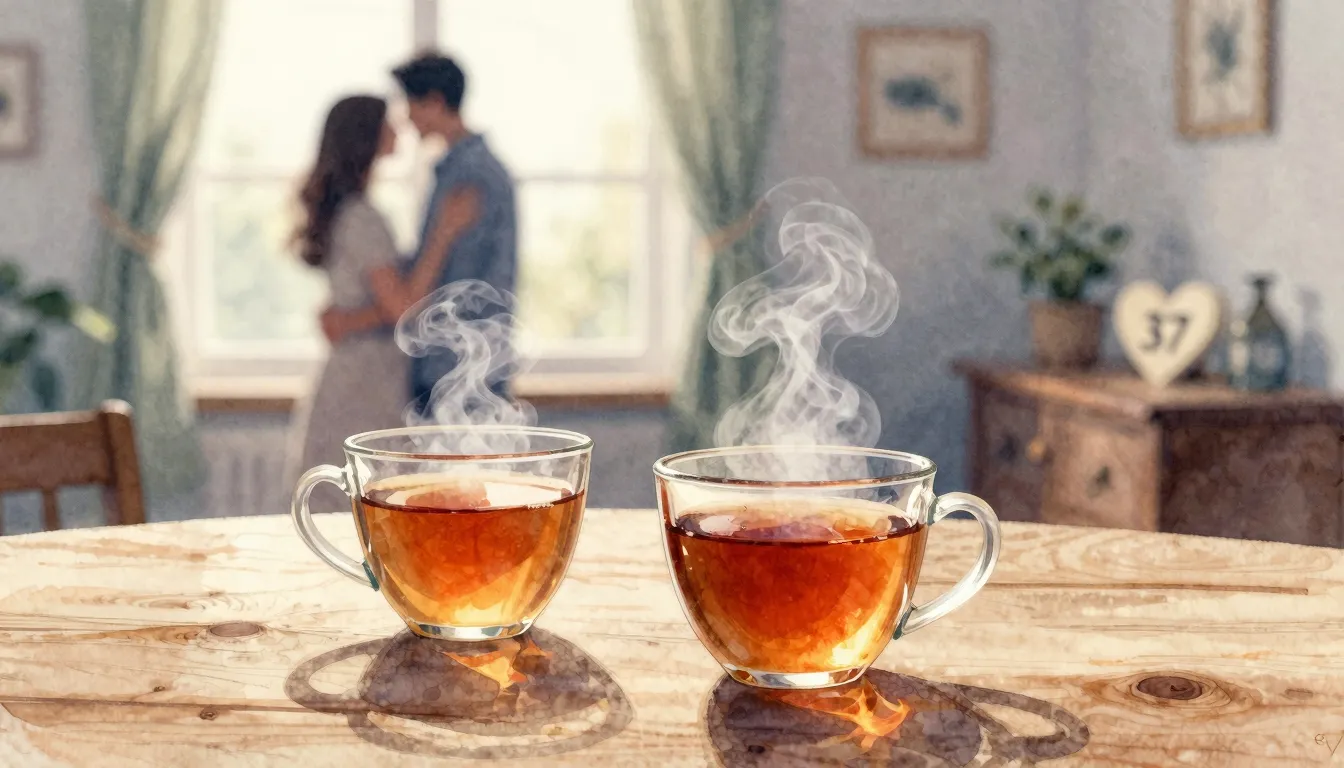 Watercolor style. A cozy home interior with two steaming mug...