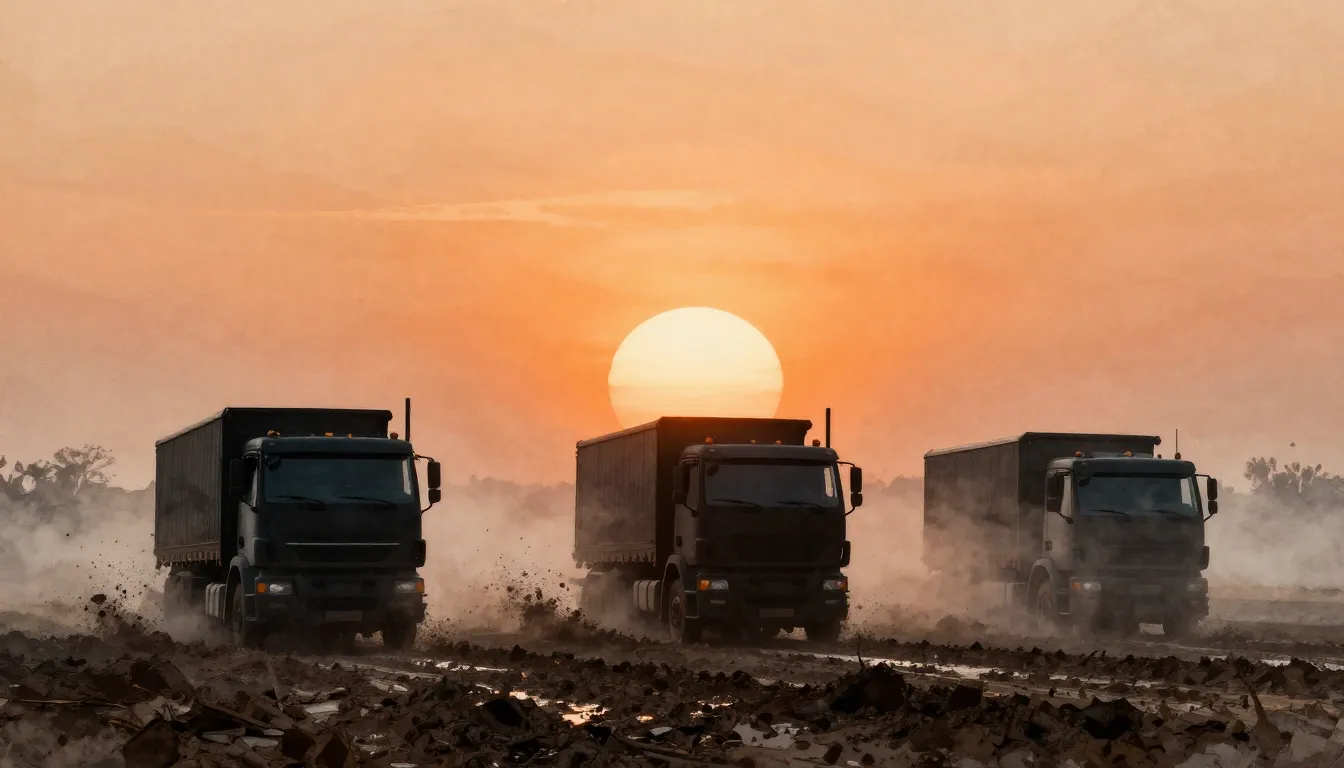 Watercolor style. Silhouettes of three heavy trucks driving ...