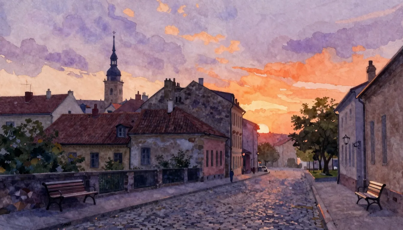 Watercolor style. Sunrise over a historic city, silhouette o...