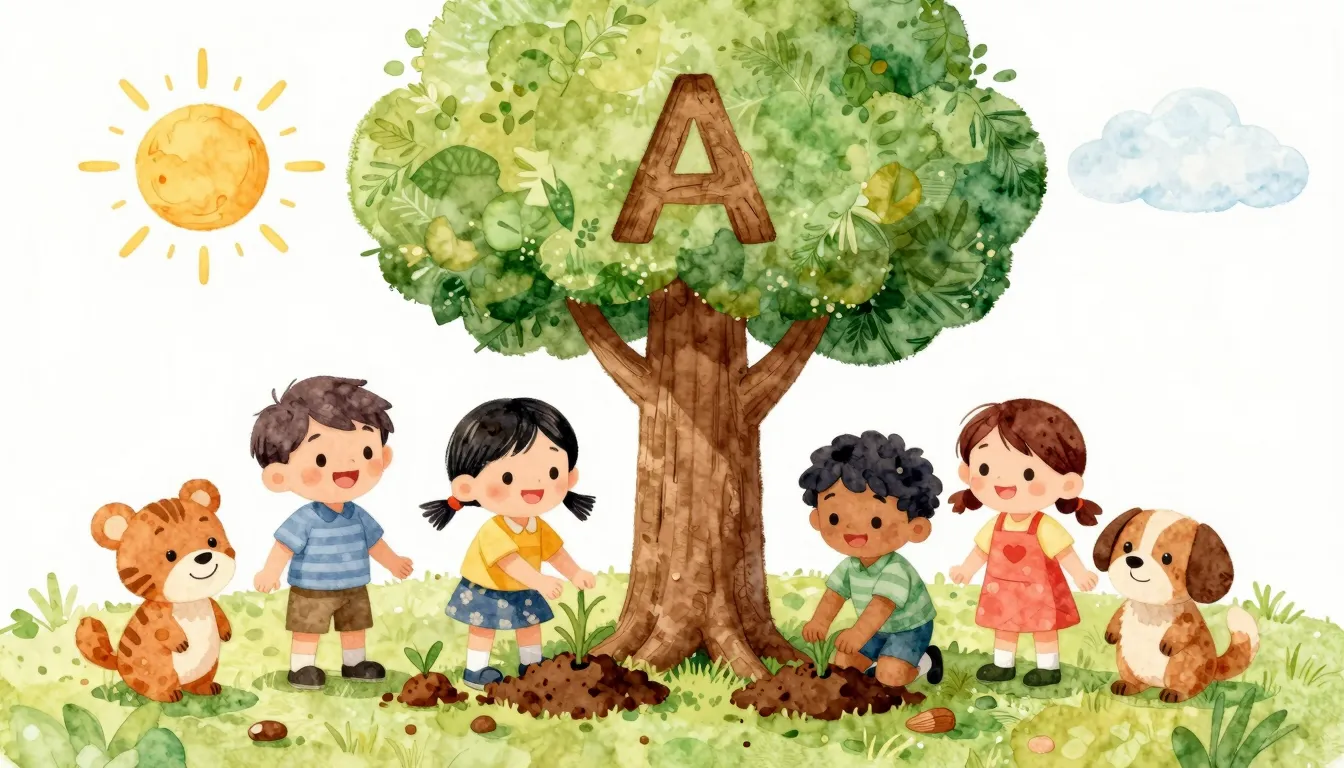 Watercolor style. A group of happy, diverse cartoon children...