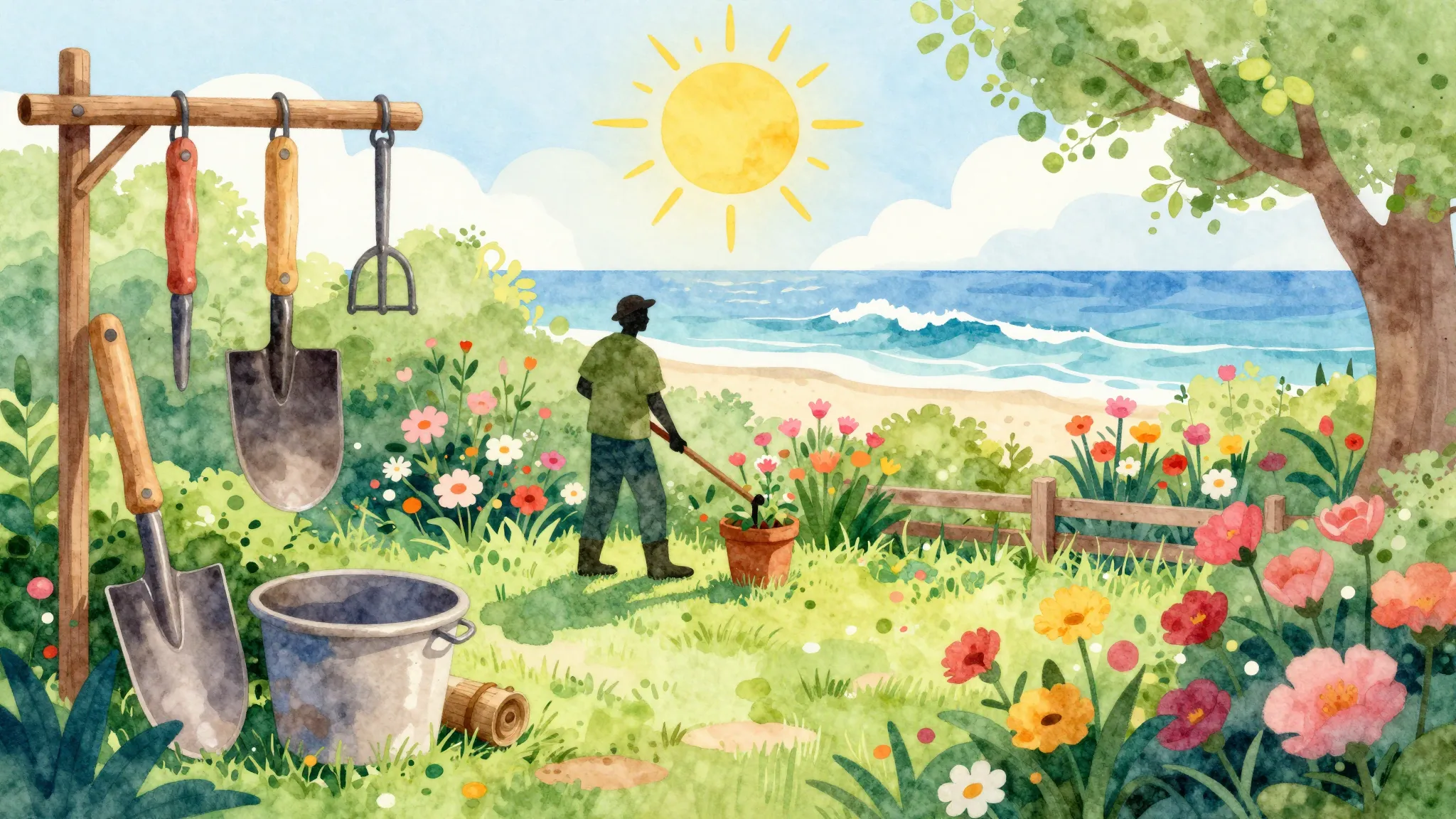 Vibrant watercolor style. A vibrant garden scene with Italia...
