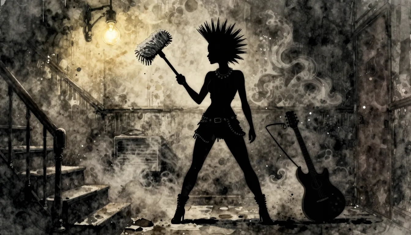 Watercolor style. A silhouette of a woman with a mohawk hold...