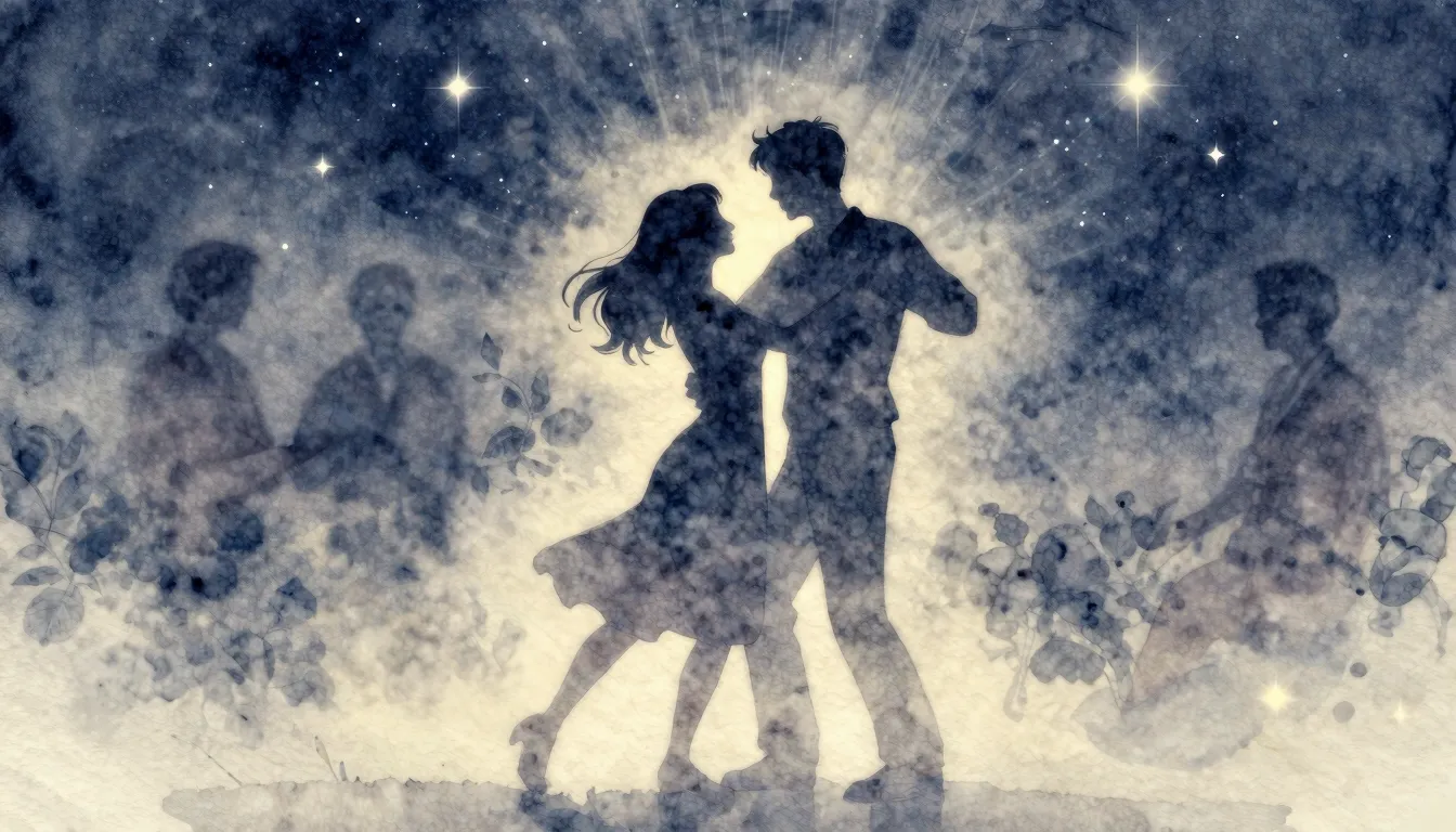 Watercolor style. A silhouette of a young couple dancing und...