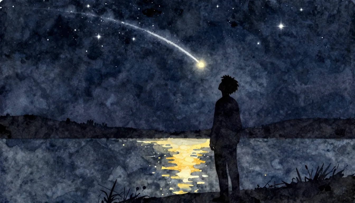 Watercolor style. A silhouette of a person standing under a ...