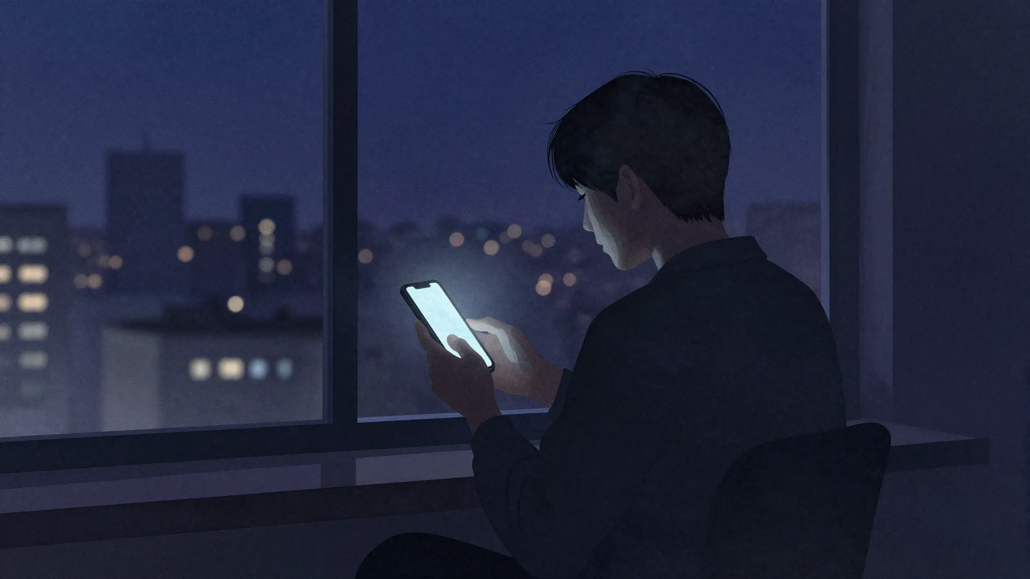 Watercolor style. A dark room with a silhouette of a person ...