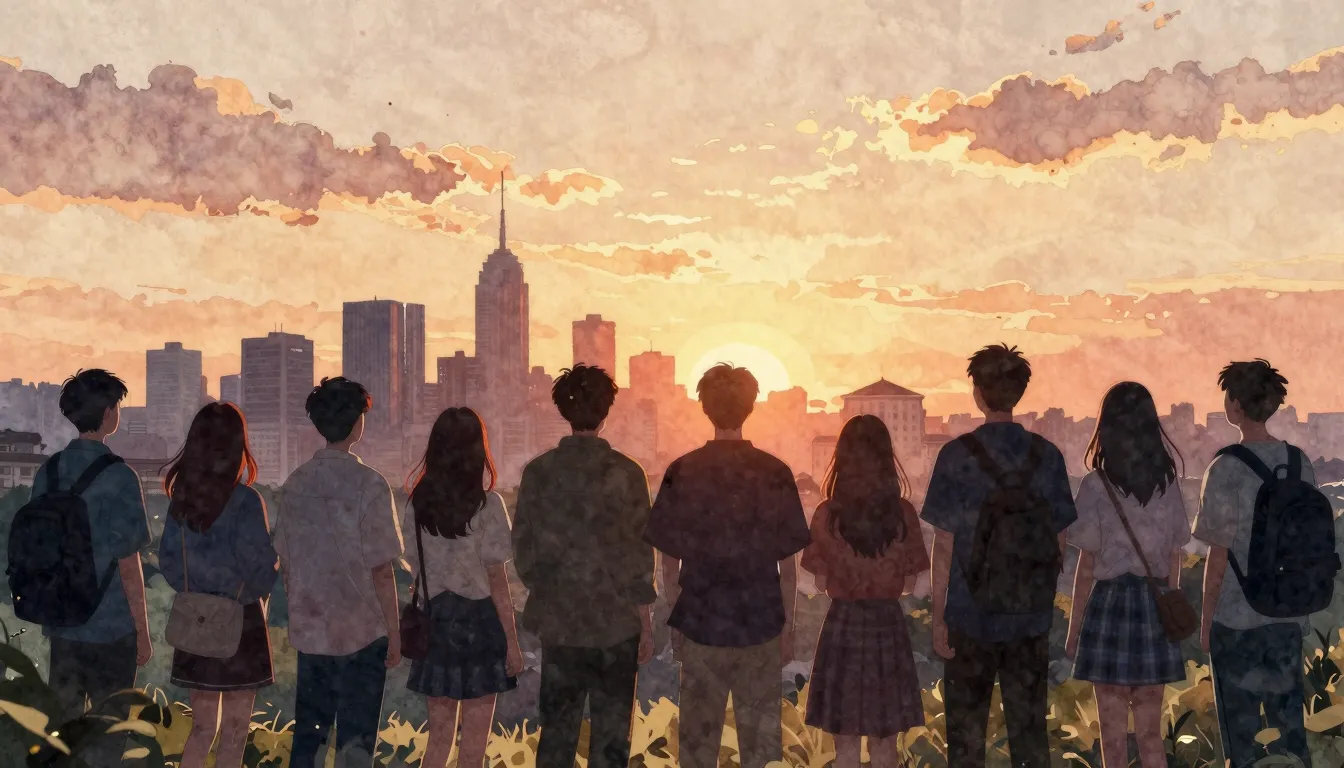 Watercolor style. A silhouette of a group of friends standin...