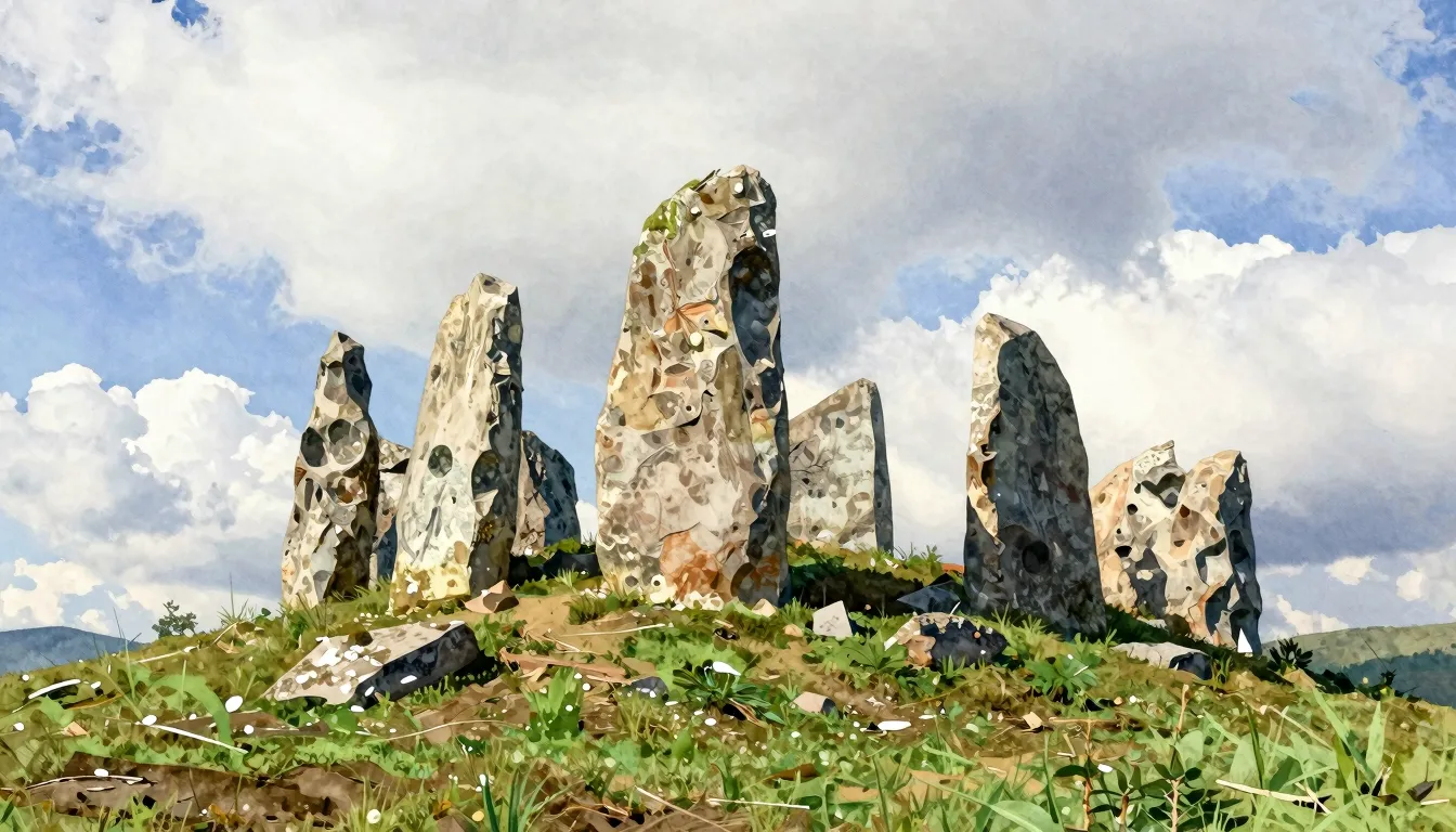 Watercolor style. Majestic stone monoliths on a green mounta...