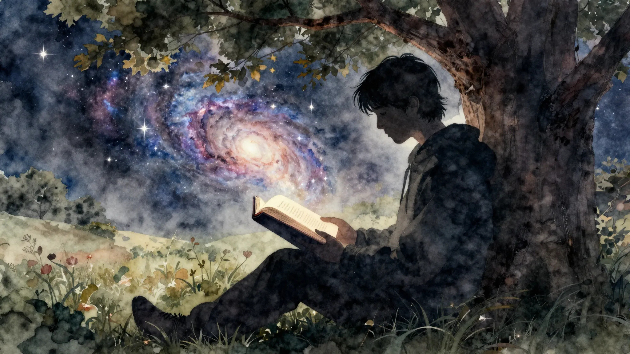 Watercolor style. A silhouette of a person sitting under a t...