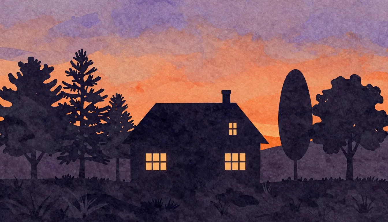 Watercolor style. A cozy house silhouette at sunset, warm gl...