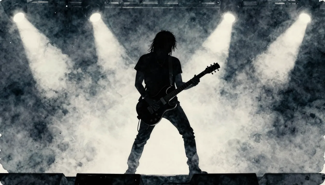 Watercolor style. A silhouette of a rock musician holding an...