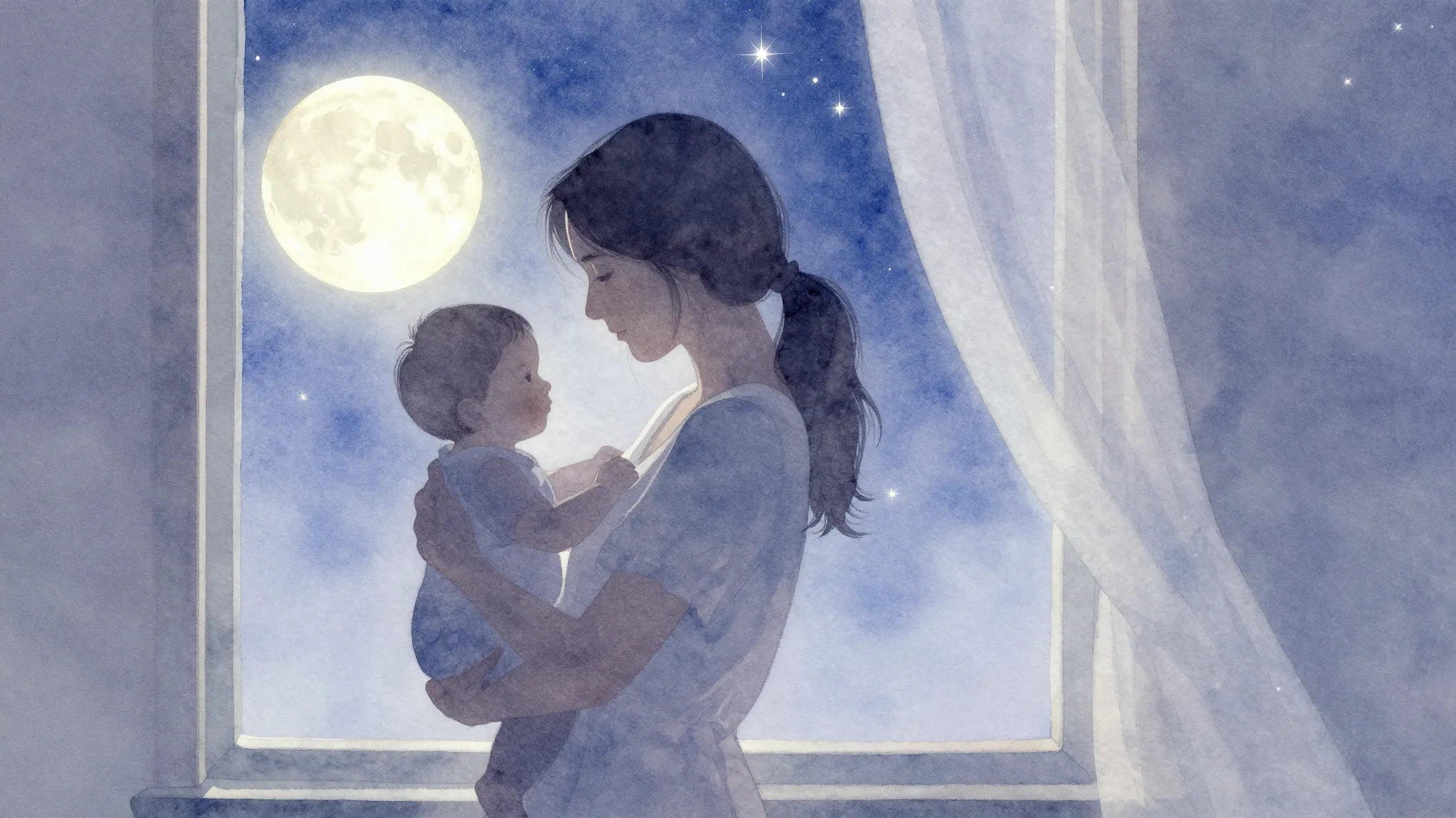 Watercolor style. A gentle silhouette of a mother holding a ...