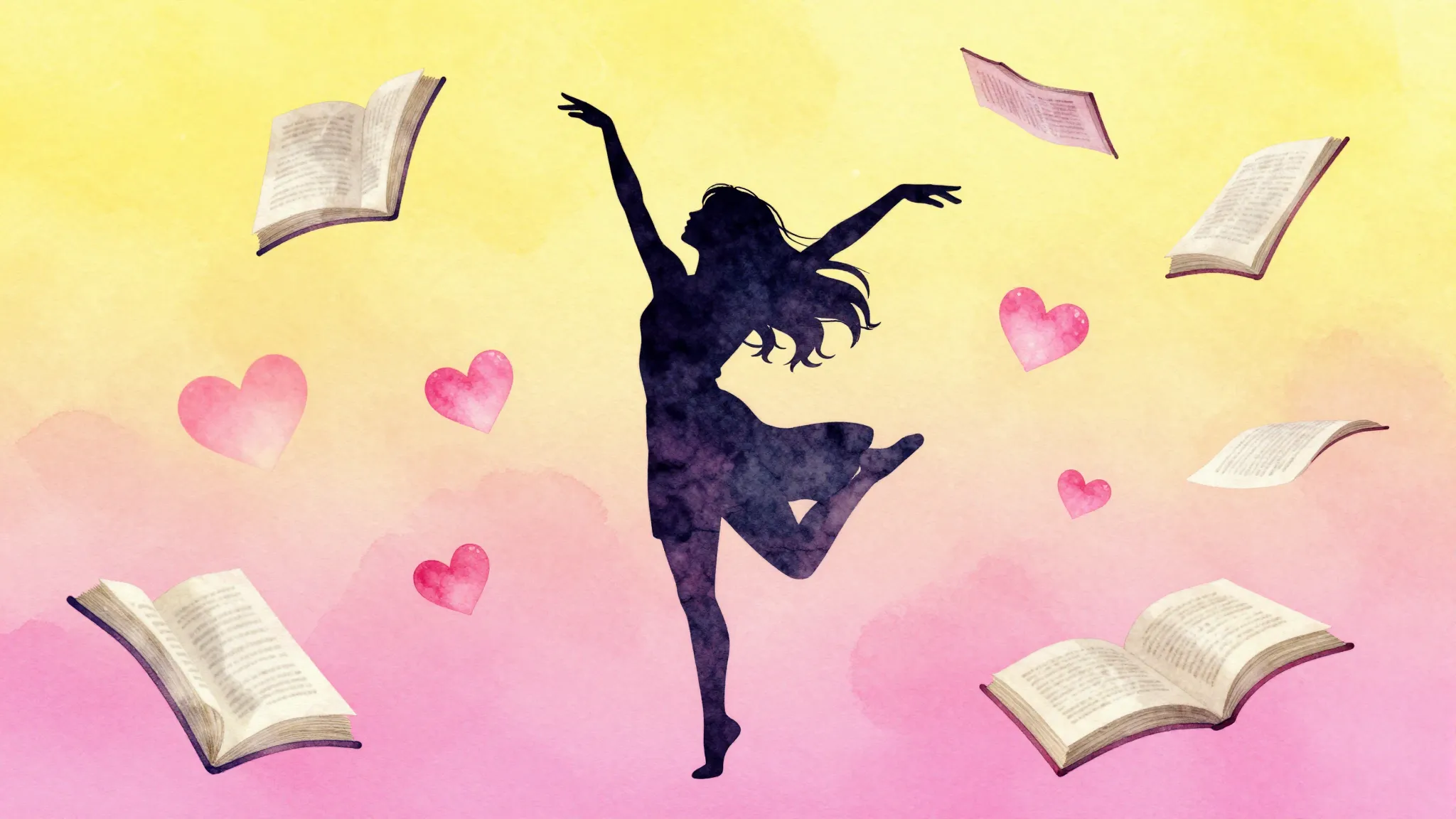 Watercolor style. A silhouette of a girl dancing joyfully am...