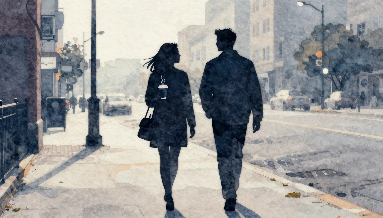 Watercolor style. Two silhouettes walking along a city sidew...