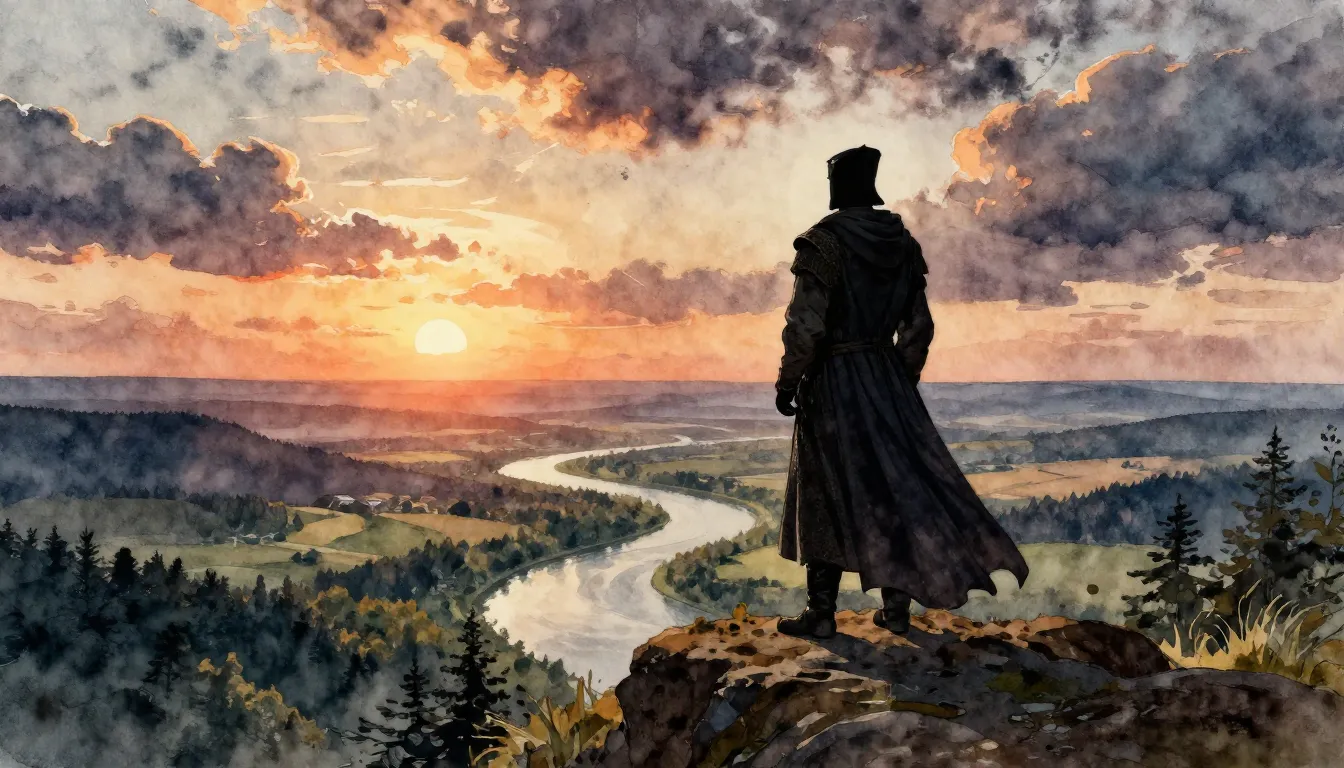 Watercolor style. Silhouette of a medieval ruler standing on...